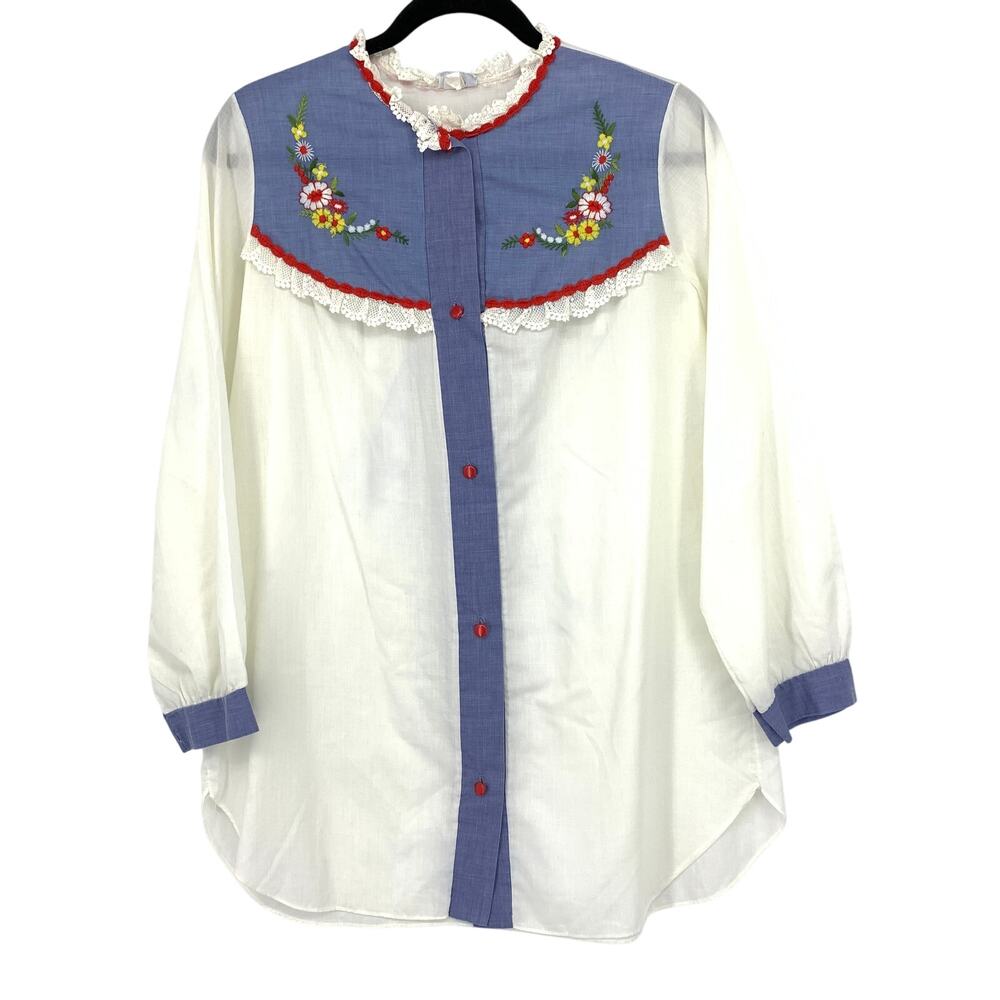 American Vintage White Blouse with Blue Yoke and Floral Embroidery